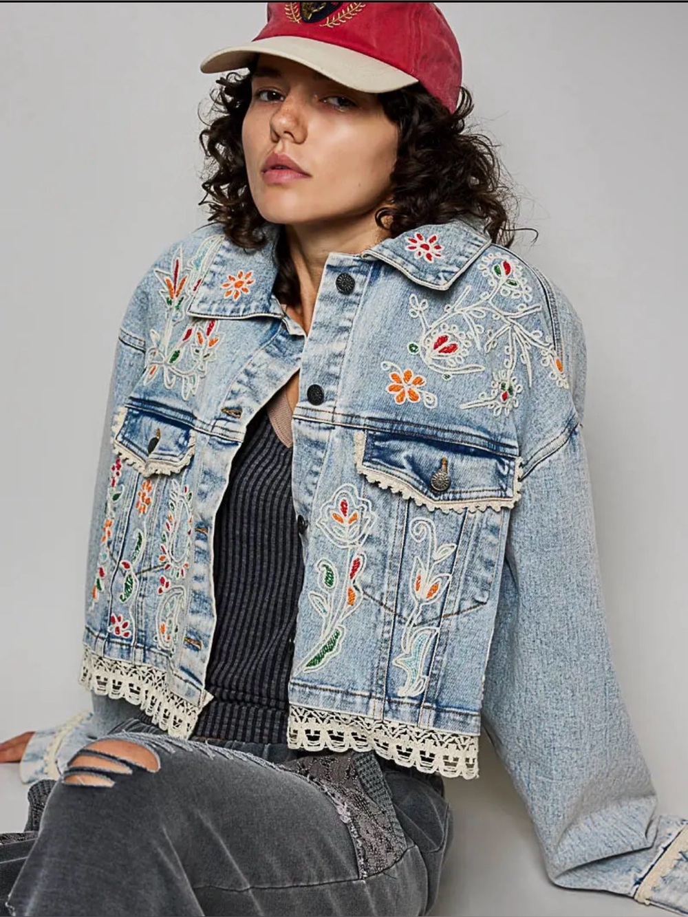 POL denim beaded embroidered boho western tassel patchwork floral jean jacket